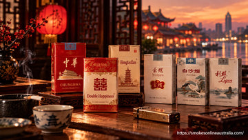 Double Happiness cigarette pack displayed alongside Chunghwa, Hongtashan, Yunyan, Baisha and Liqun, with traditional Chinese lanterns, porcelain teacups and historic architecture in the background.