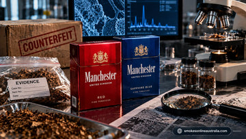 Manchester Red and Sapphire Blue cigarette packs displayed in a forensic laboratory with tobacco samples, a microscope and counterfeit evidence for a study of potential health risks.