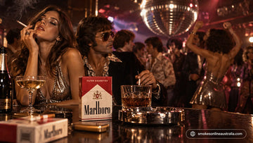Marlboro cigarette packs on a nightclub table during a 1970s disco party, with vintage fashion, a mirrored disco ball, warm lighting and people dancing in the background.